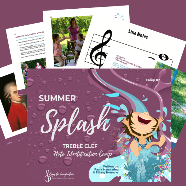 Summer Splash Music and Piano Camp #2, Treble Clef Note Identification Camp Cover and Sample Pages