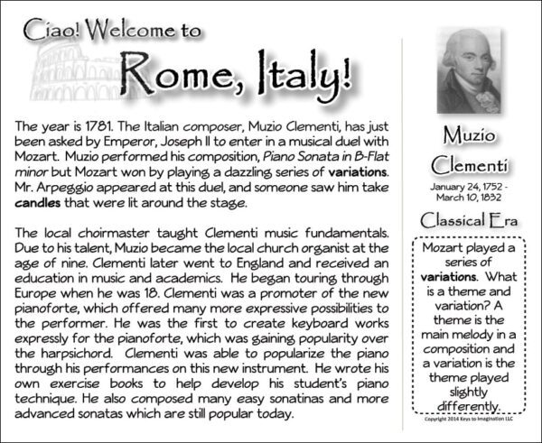Where in the World is Mr. Arpeggion Practice Motivation Game Sample Postcard Back - Rome, Italy/ Clementi