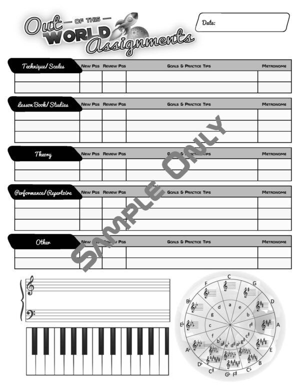 Music is Out of This World Practice Incentive Game Sample Assignment Book Page with Staff and Circle of Fifths