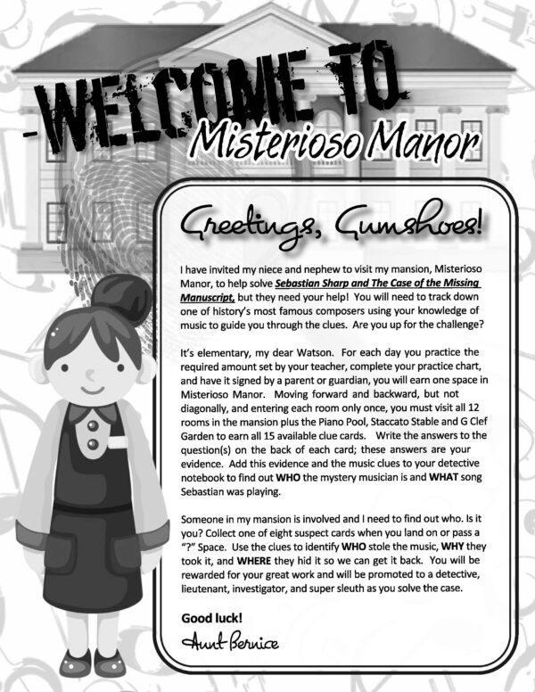 Sebastian Sharp and Musical Misterioso Manor Practice Motivation Game Sample Assignment Book Page - Welcome and Instructions