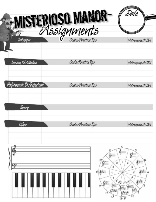 Sebastian Sharp and Musical Misterioso Manor Practice Motivation Game Assignment Book Sample Page for Assigning Lessons