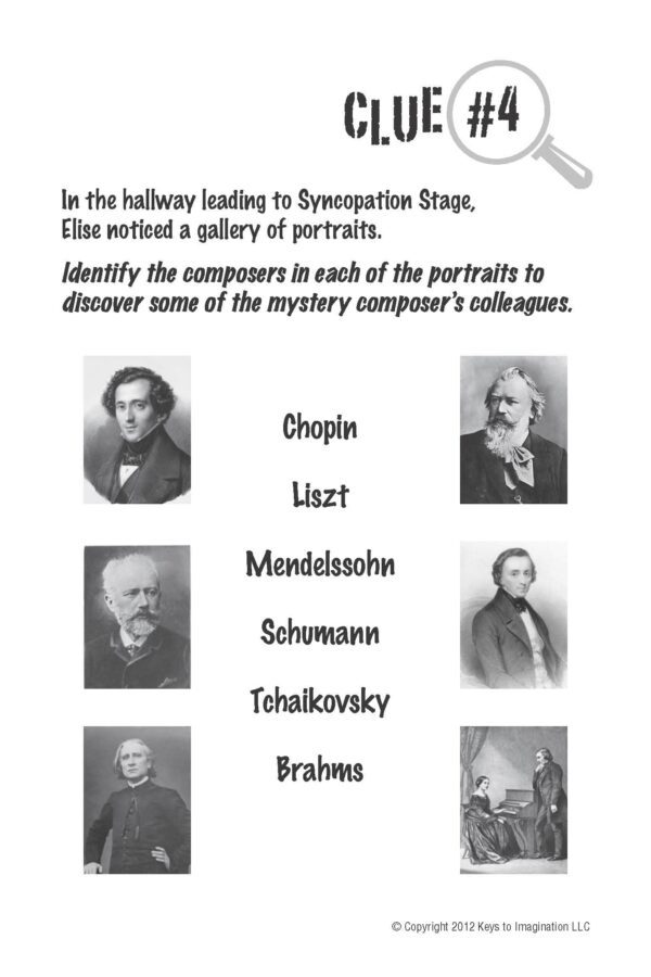 Sebastian Sharp and Misterioso Manor Practice Motivation Game Sample Clue Card #4 - Identify Composers Photos