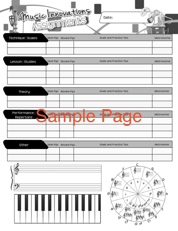 Music Innovations Museum Practice Motivation Program Game Sample Assignment Book Page with Staff and Circle of Fifths