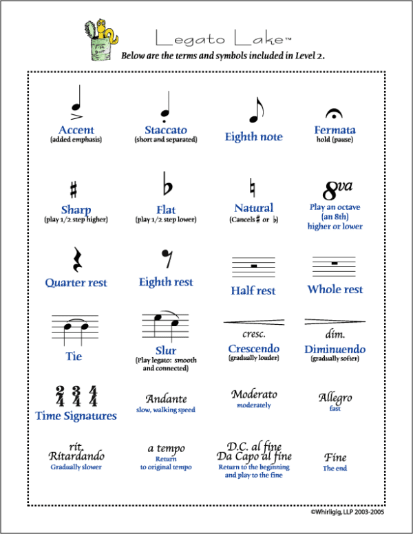 Music Terms and Symbols included in Legato Lake Level 2 Game