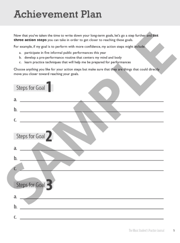 Music Student Practice Journal Sample Achievement Plan Page